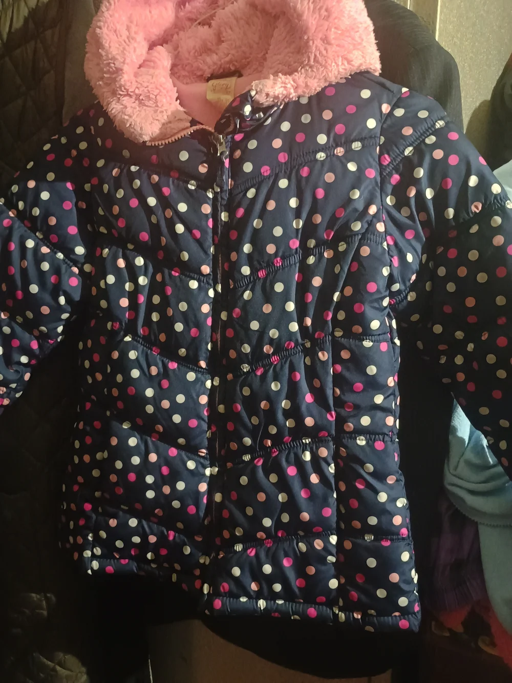 Faded Glory Navy Polka Dot Puffer Jacket with Pink Lining